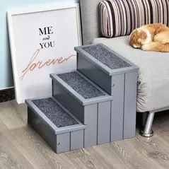 PawHut Dog Steps for Bed Sofa, 3 Step Wooden Dog Stairs for Sofa, Pet Stairs with Storage for Small Cats and Puppy, Grey - 2