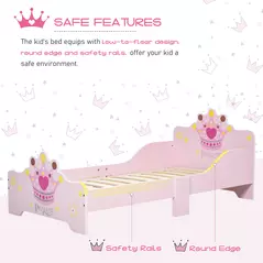 HOMCOM Kids Toddler Bed Princess Crown Theme Safety Side Rails Slats Home Bedroom Furniture Boys Girls 3-6 Years Pink 143 x 73 x 60 cm - 5