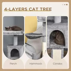 PawHut Cat Tree Tower for Indoor Cats, 111cm Kitten Activity Centre with Scratching Post Pad Hammock Condo Bed Ball Toy, Grey - 5