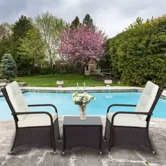 Outsunny 3 Pieces Rattan Bistro Set with Furniture Cover, Wicker Garden Furniture Set, Glass Top Coffee Table and Chairs with Cushions for Outdoor, Patio, Balcony, Cream White - 2