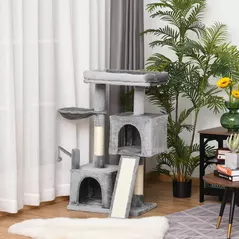 PawHut Cat Tree Tower for Indoor Cats, 111cm Kitten Activity Centre with Scratching Post Pad Hammock Condo Bed Ball Toy, Grey - 2