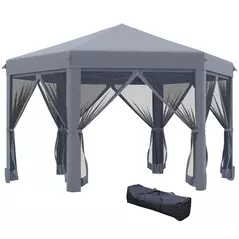 Outsunny 3.8m x 3.2m Pop Up Gazebo Hexagonal Canopy Tent Outdoor Sun Protection with 6 Mesh Sidewalls, Hand Bag, Grey - 1