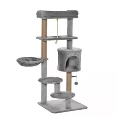 PawHut Cat Tree Tower for Indoor Cats 120cm Climbing Kitten Activity Center with Jute Scratching Post Perch Hanging Ball Hammock Teasing Rope Condo Toy Light Grey - 1