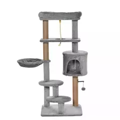 PawHut Cat Tree Tower for Indoor Cats 120cm Climbing Kitten Activity Center with Jute Scratching Post Perch Hanging Ball Hammock Teasing Rope Condo Toy Light Grey - 9