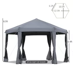 Outsunny 3.8m x 3.2m Pop Up Gazebo Hexagonal Canopy Tent Outdoor Sun Protection with 6 Mesh Sidewalls, Hand Bag, Grey - 3