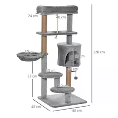PawHut Cat Tree Tower for Indoor Cats 120cm Climbing Kitten Activity Center with Jute Scratching Post Perch Hanging Ball Hammock Teasing Rope Condo Toy Light Grey - 3