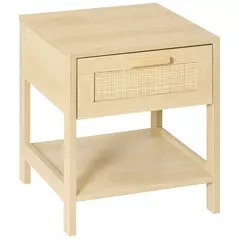 HOMCOM Nightstand with Rattan Drawer and Storage Shelf, Bedside End Table for Bedroom, Living Room - 1