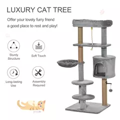 PawHut Cat Tree Tower for Indoor Cats 120cm Climbing Kitten Activity Center with Jute Scratching Post Perch Hanging Ball Hammock Teasing Rope Condo Toy Light Grey - 4