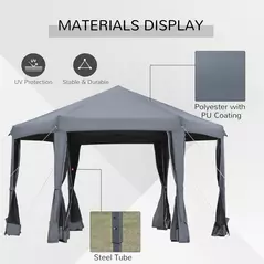 Outsunny 3.8m x 3.2m Pop Up Gazebo Hexagonal Canopy Tent Outdoor Sun Protection with 6 Mesh Sidewalls, Hand Bag, Grey - 5