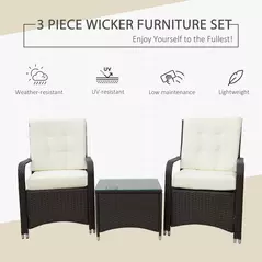 Outsunny 3 Pieces Rattan Bistro Set with Furniture Cover, Wicker Garden Furniture Set, Glass Top Coffee Table and Chairs with Cushions for Outdoor, Patio, Balcony, Cream White - 4