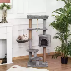 PawHut Cat Tree Tower for Indoor Cats 120cm Climbing Kitten Activity Center with Jute Scratching Post Perch Hanging Ball Hammock Teasing Rope Condo Toy Light Grey - 2
