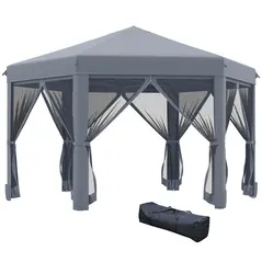Outsunny 3.8m x 3.2m Pop Up Gazebo Hexagonal Canopy Tent Outdoor Sun Protection with 6 Mesh Sidewalls, Hand Bag, Grey - 1