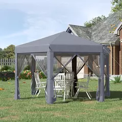 Outsunny 3.8m x 3.2m Pop Up Gazebo Hexagonal Canopy Tent Outdoor Sun Protection with 6 Mesh Sidewalls, Hand Bag, Grey - 2