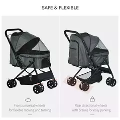 PawHut Pet Stroller Pushchair Foldable Travel Dog Cat Carriage w/ Reversible Handle Brake Basket - 4