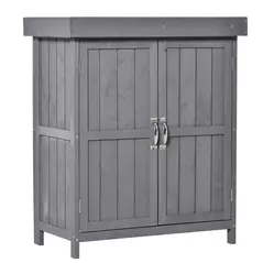 Outsunny Small Shed, Wooden Garden Shed with Openable Hinged Roof and Removable Shelf, Outdoor Tool Storage Cabinet Chest with Double Doors, 74 x 43 x 88 cm, Grey - 1