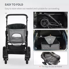 PawHut Dog Pram Pet Stroller for Small Dogs Cats, Foldable Dog Pushchair Trolley with Detachable Pet Carrier Bag, Shock Absorber, Adjustable Handlebar, Grey - 9