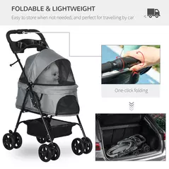 PawHut Dog Pram Dog Stroller Foldable Pet Pushchair with 4 Wheels, Safety Leashes, Cup Holder for Small Dogs, Grey - 4