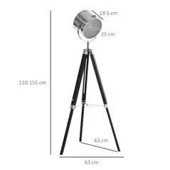 HOMCOM Industrial Style Adjustable Tripod Floor Lamp, Searchlight Lamp with Wooden Legs and Steel Lampshade, 110-155cm, Black - 3