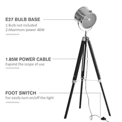 HOMCOM Industrial Style Adjustable Tripod Floor Lamp, Searchlight Lamp with Wooden Legs and Steel Lampshade, 110-155cm, Black - 6