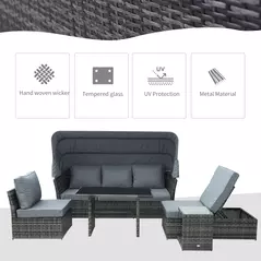 Outsunny 5 PCS Outdoor Rattan Wicker Sofa Sets Reclining Sofa Adjustable Canopy & Side Table Dining Table Set Sectional Conversation Furniture w/ Cushions, Mixed Grey - 4