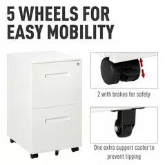 Vinsetto Metal Mobile File Cabinet with Wheels, Lockable 2 Drawer Filing Cabinet for A4, Legal, Letter, Compact Under Desk Storage Unit with Pre-Assembled Body for Home Office, 39 x 48 x 67cm, White - 5