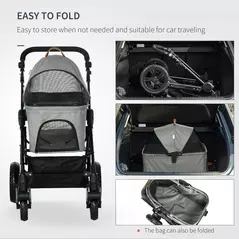PawHut Dog Pram Pet Stroller for Small Dogs Cats, Foldable Dog Pushchair Trolley with Detachable Pet Carrier Bag, Shock Absorber, Adjustable Handlebar, Grey - 5