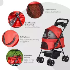 PawHut Dog Pram Dog Stroller Foldable Pet Pushchair with 4 Wheels, Safety Leashes, Cup Holder for Small Dogs, Red - 6