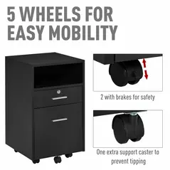 Vinsetto Lockable Two-Drawer Filing Cabinet, with Wheels - Black - 5