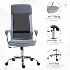 Vinsetto Office Chair, Ergonomic Desk Chair, High Back Computer Chair with Adjustable Height, Swivel Rolling Wheels, Mesh Back and Linen-Feel Fabric Seat for Home and Study, Grey - 8