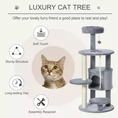 PawHut Cat Tree Tower for Indoor Cats 112cm Climbing Kitten Activity Center with Jute Scratching Post Perch Hanging Ball Toy Teasing Rope Dark grey - 4