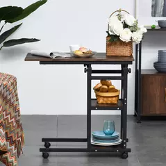 HOMCOM C-Shaped Side Table Industrial Mobile Rolling End Desk with 3-Tier Storage Shelving, Adjustable Height, Wheels - 4