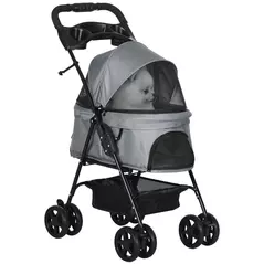 PawHut Dog Pram Dog Stroller Foldable Pet Pushchair with 4 Wheels, Safety Leashes, Cup Holder for Small Dogs, Grey - 1