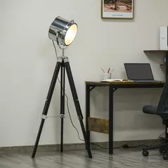 HOMCOM Industrial Style Adjustable Tripod Floor Lamp, Searchlight Lamp with Wooden Legs and Steel Lampshade, 110-155cm, Black - 2