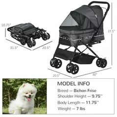 PawHut Pet Stroller Pushchair Foldable Travel Dog Cat Carriage w/ Reversible Handle Brake Basket - 3