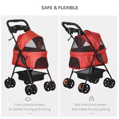 PawHut Dog Pram Dog Stroller Foldable Pet Pushchair with 4 Wheels, Safety Leashes, Cup Holder for Small Dogs, Red - 5