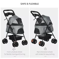 PawHut Dog Pram Dog Stroller Foldable Pet Pushchair with 4 Wheels, Safety Leashes, Cup Holder for Small Dogs, Grey - 5
