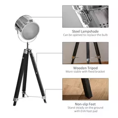 HOMCOM Industrial Style Adjustable Tripod Floor Lamp, Searchlight Lamp with Wooden Legs and Steel Lampshade, 110-155cm, Black - 7