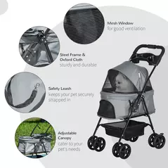 PawHut Dog Pram Dog Stroller Foldable Pet Pushchair with 4 Wheels, Safety Leashes, Cup Holder for Small Dogs, Grey - 6