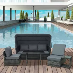 Outsunny 5 PCS Outdoor Rattan Wicker Sofa Sets Reclining Sofa Adjustable Canopy & Side Table Dining Table Set Sectional Conversation Furniture w/ Cushions, Mixed Grey - 2