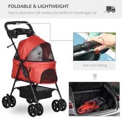 PawHut Dog Pram Dog Stroller Foldable Pet Pushchair with 4 Wheels, Safety Leashes, Cup Holder for Small Dogs, Red - 4
