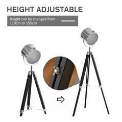 HOMCOM Industrial Style Adjustable Tripod Floor Lamp, Searchlight Lamp with Wooden Legs and Steel Lampshade, 110-155cm, Black - 4