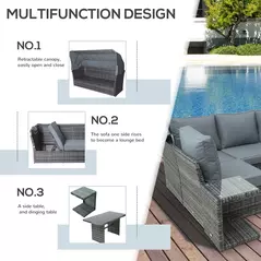 Outsunny 5 PCS Outdoor Rattan Wicker Sofa Sets Reclining Sofa Adjustable Canopy & Side Table Dining Table Set Sectional Conversation Furniture w/ Cushions, Mixed Grey - 6