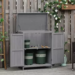 Outsunny Small Shed, Wooden Garden Shed with Openable Hinged Roof and Removable Shelf, Outdoor Tool Storage Cabinet Chest with Double Doors, 74 x 43 x 88 cm, Grey - 2