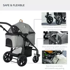 PawHut Dog Pram Pet Stroller for Small Dogs Cats, Foldable Dog Pushchair Trolley with Detachable Pet Carrier Bag, Shock Absorber, Adjustable Handlebar, Grey - 7