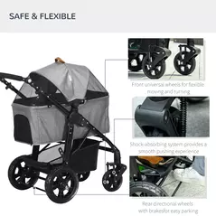 PawHut Dog Pram Pet Stroller for Small Dogs Cats, Foldable Dog Pushchair Trolley with Detachable Pet Carrier Bag, Shock Absorber, Adjustable Handlebar, Grey - 6