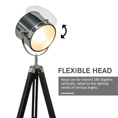 HOMCOM Industrial Style Adjustable Tripod Floor Lamp, Searchlight Lamp with Wooden Legs and Steel Lampshade, 110-155cm, Black - 5
