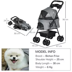 PawHut Dog Pram Dog Stroller Foldable Pet Pushchair with 4 Wheels, Safety Leashes, Cup Holder for Small Dogs, Grey - 3