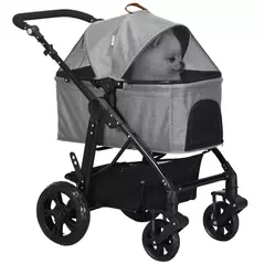 PawHut Dog Pram Pet Stroller for Small Dogs Cats, Foldable Dog Pushchair Trolley with Detachable Pet Carrier Bag, Shock Absorber, Adjustable Handlebar, Grey - 1