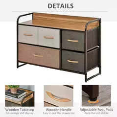 HOMCOM 5-Drawer Dresser, Linen Fabric Chest of Drawers, Dresser Tower Unit for Bedroom Hallway Entryway, Storage Organizer with Steel Frame Wooden Top - 6