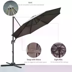 Outsunny 3(m) Offset Parasol Cantilever Hanging Umbrella 360° Rotation w/ Base Dark Grey - 6